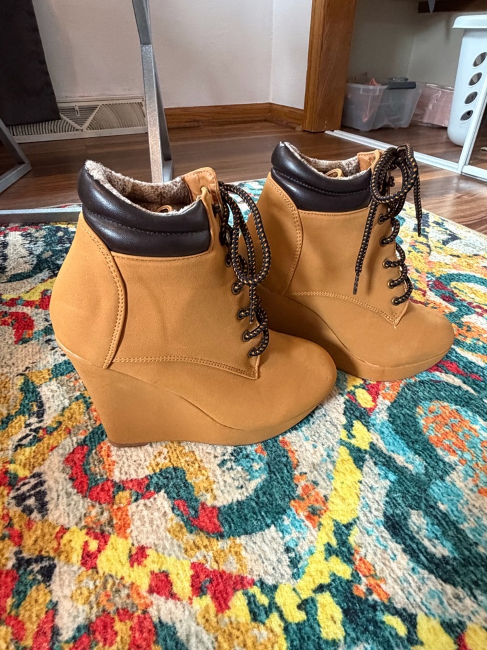 Women's Tan Wedge Ankle Boots with Dark Brown Collar